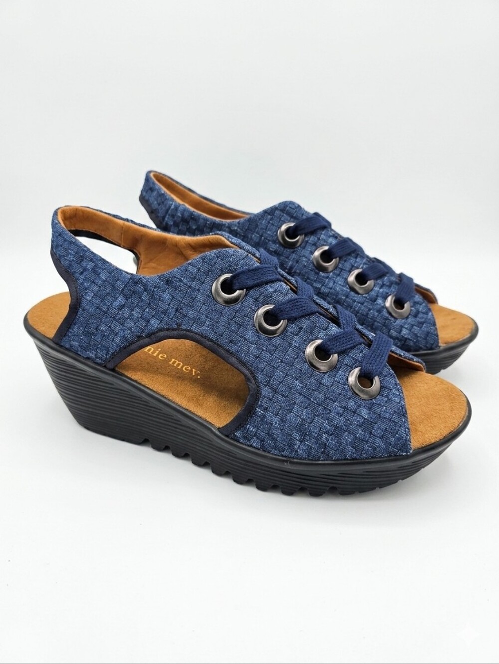 Bernie Mev Marcelo Woven Lace-Up Wedge Sandals Sz 40 ( 9.5 - 10 ) Denim Blue NIB